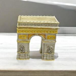 Arc de Triomphe Enameled Metal Trinket Box 2.5" Tall With Crystals Gold Cream